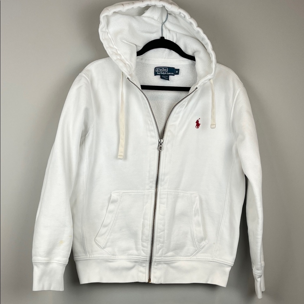 Ralph Lauren White Zip-Up Hoodie with Red Emblem